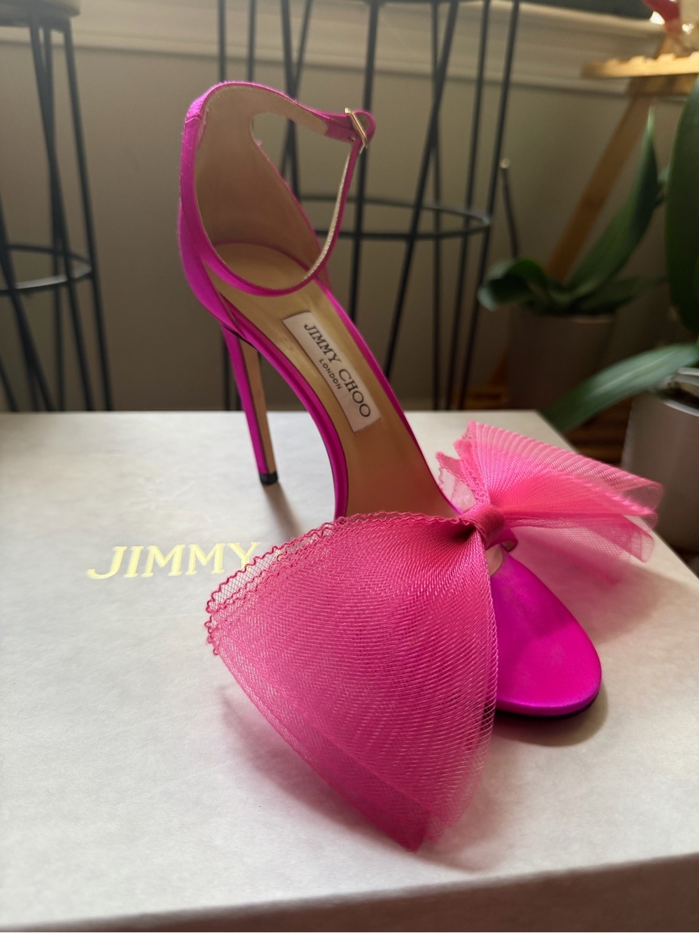 Jimmy Choo Hot Pink Satin Tulle Bow Ankle-Strap Stiletto Sandals